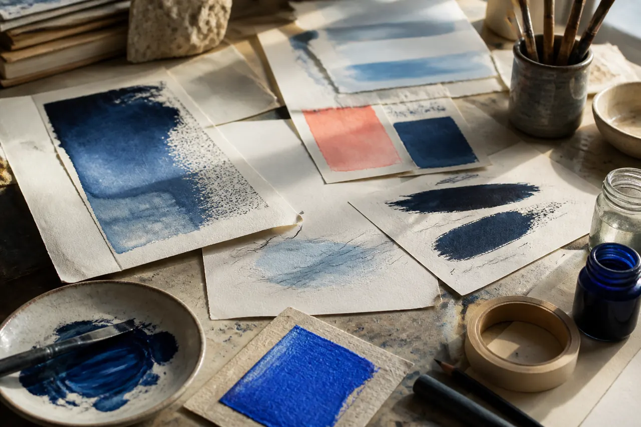 Table d’atelier couverte d’études sur papier, de pinceaux, de pigments bleus et de ruban de masquage.