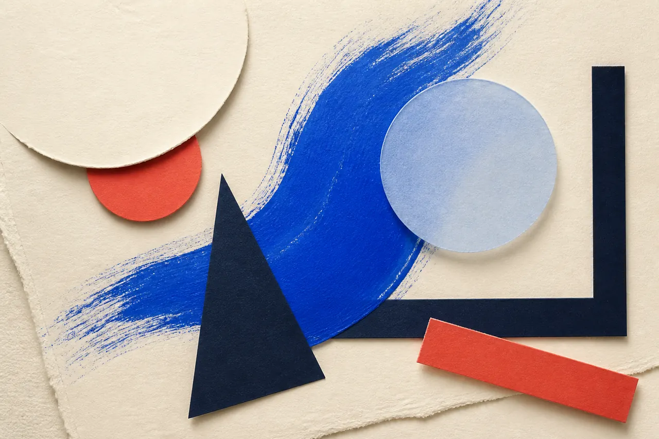 Composition éditoriale de papiers ivoire, formes cobalt et bleu pâle, geste peint bleu et accents corail.