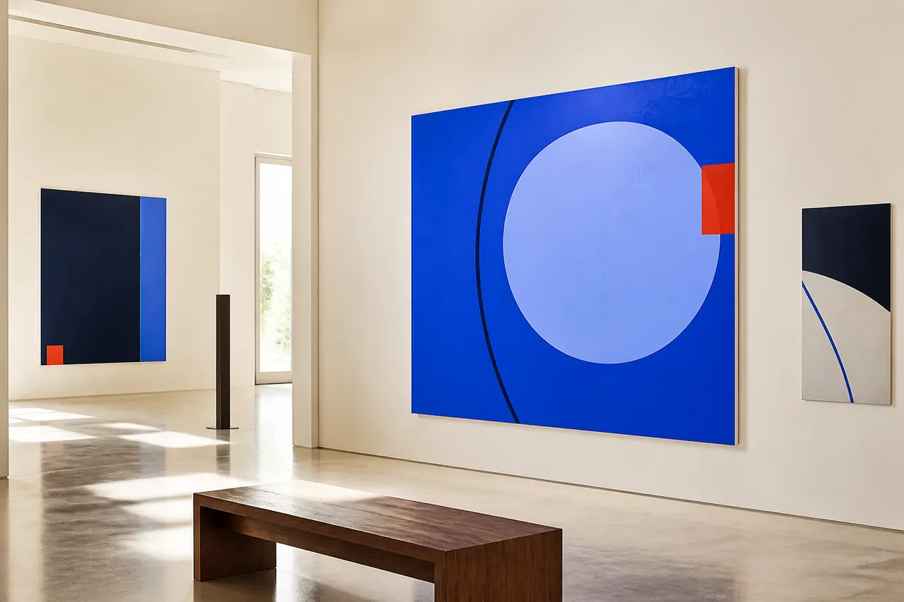 Salle de musée ivoire présentant trois compositions abstraites originales dans les couleurs du site.