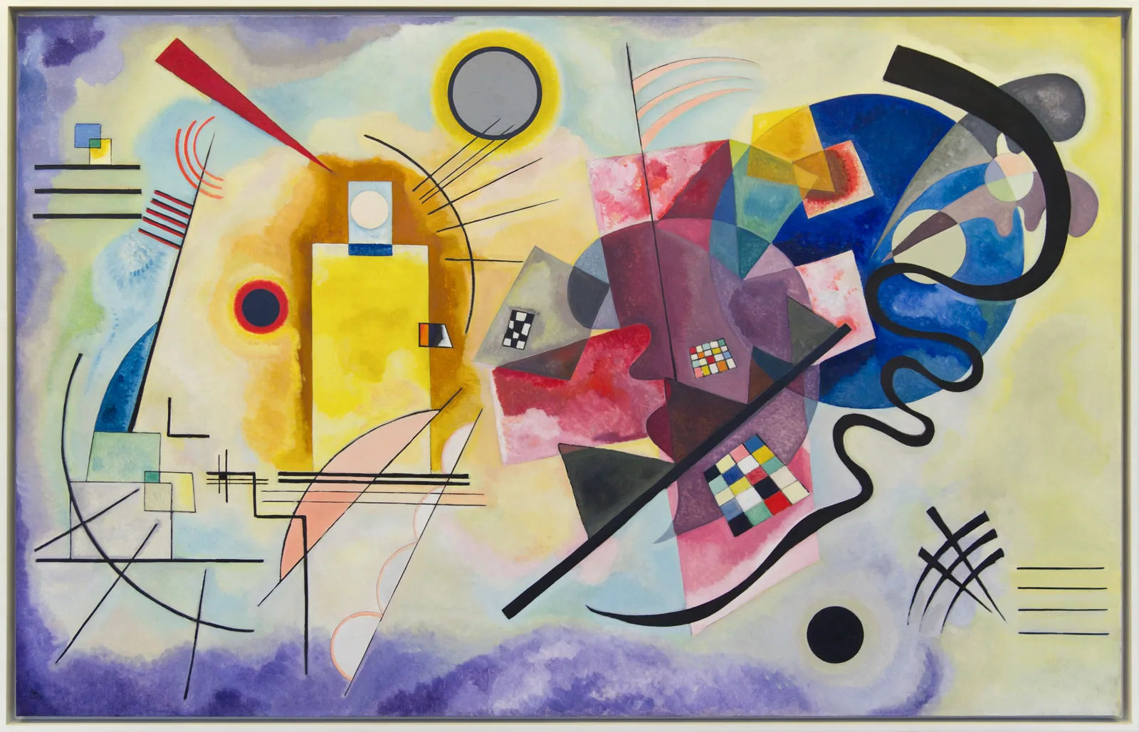 Reproduction de Jaune-Rouge-Bleu de Wassily Kandinsky, datée de 1925.
