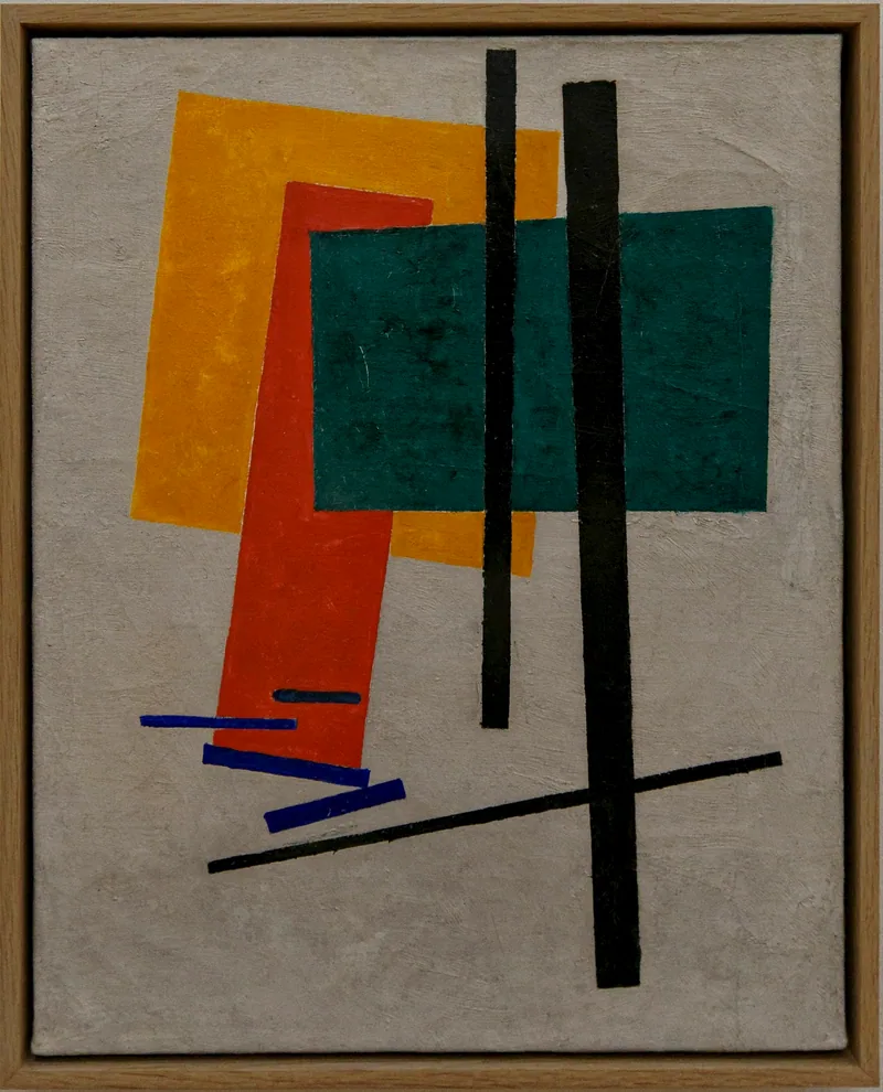 Reproduction d'une composition suprématiste jaune, orange et verte de Kasimir Malevitch, datée de 1915-1916.