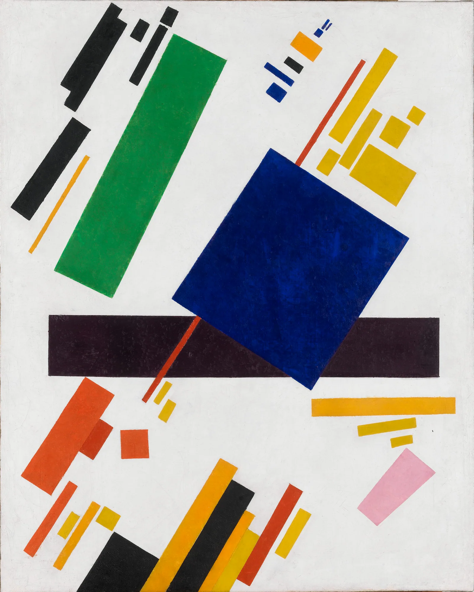 Composition suprématiste de 1916 par Kasimir Malevitch, avec rectangles et bandes obliques colorés sur fond clair.