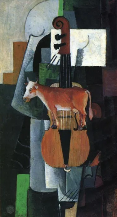 Reproduction de Vache et violon de Kasimir Malevitch, datée de 1913-1914.