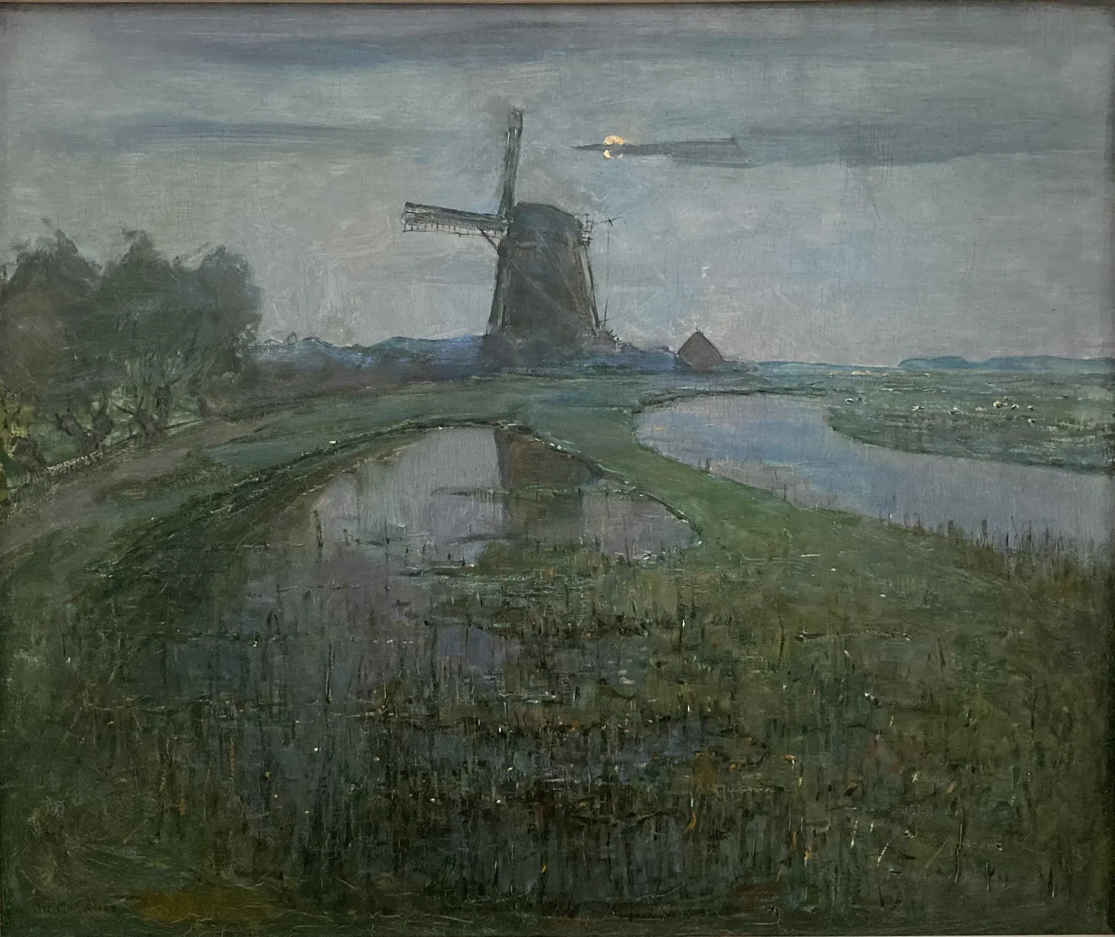 Moulin au bord du Gein éclairé par la lune dans une peinture de Piet Mondrian vers 1903.